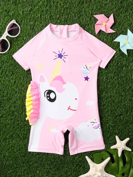Bebé niña Bañador una pieza con estampado de unicornio con diseño de fruncido