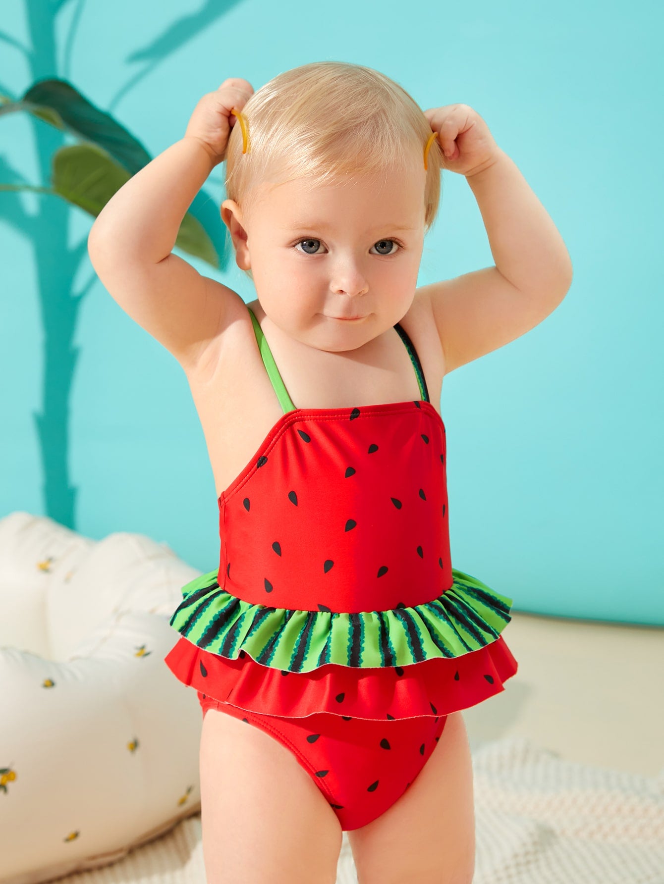 Bebé niña Bañador bikini con patrón de corazón ribete con fruncido & banda  de pelo